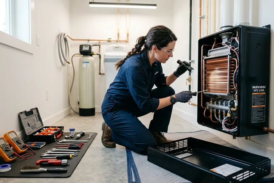 Water Heater Jockey plumber servicing a tankless water heater in Buskirk